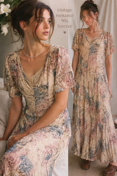 Vintage Dresses & Skirts - Vintage Lace Floral Maxi Dress S Rayon Cottagecore Indie Romantic Grunge 90s